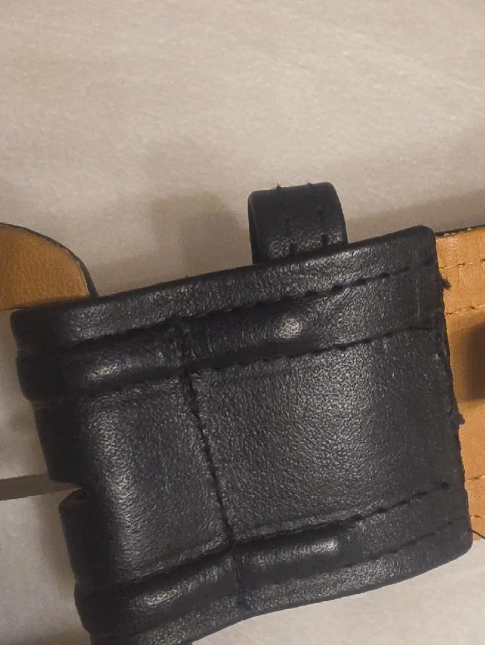 Ginnie Johansen Vintage Black Leather Belt with Tan Interior and Rounded Buckle